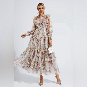 Saige Apricot Floral Long Sleeve Maxi Dress